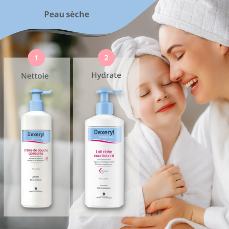 Une femme et sa fille utilisent les produits Dexeryl pour leur peau sèche
