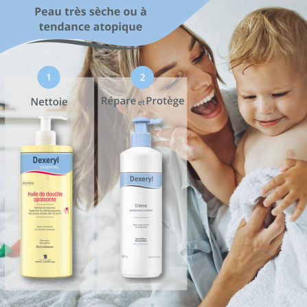 Une femme et son fils utilisent les produits Dexeryl pour leur peau à tendance atopique