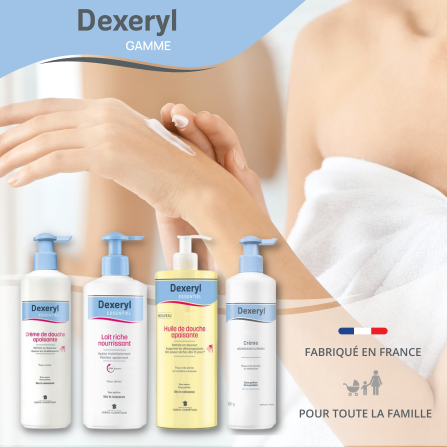 Une femme prend soin de sa peau sèche grâce à la gamme Dexeryl