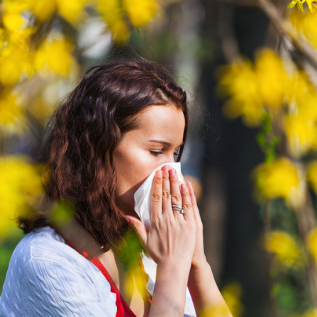 Une femme souffrant d'une allergie au pollen est en train de se moucher
