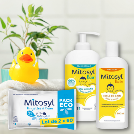L'huile de bain, le gel lavant et les lingettes à l'eau Mitosyl