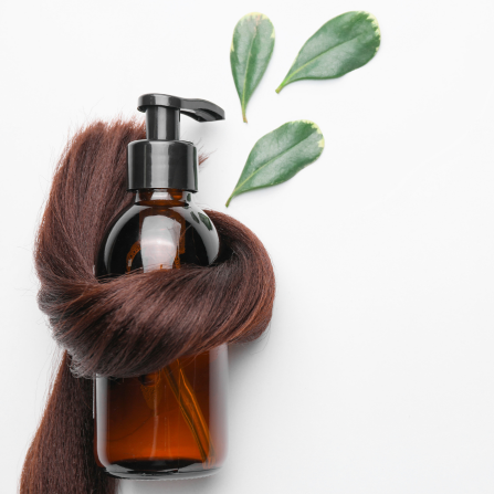 Des cheveux entourent une bouteille de shampoing, trois petits feuilles vertes sont disposées à côtés