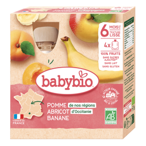 Pomme de Provence abricot d'Occitanie banane - Boite de 4 gourdes de 90g