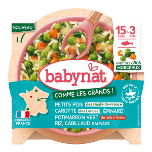 Petits pois Hauts-de-France carotte des Landes épinard potimarron vert riz & colin sauvage - Assiette de 200g