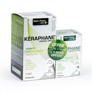 Kéraphane cheveux et ongles Offre 3 + 1 mois offert 240 gélules